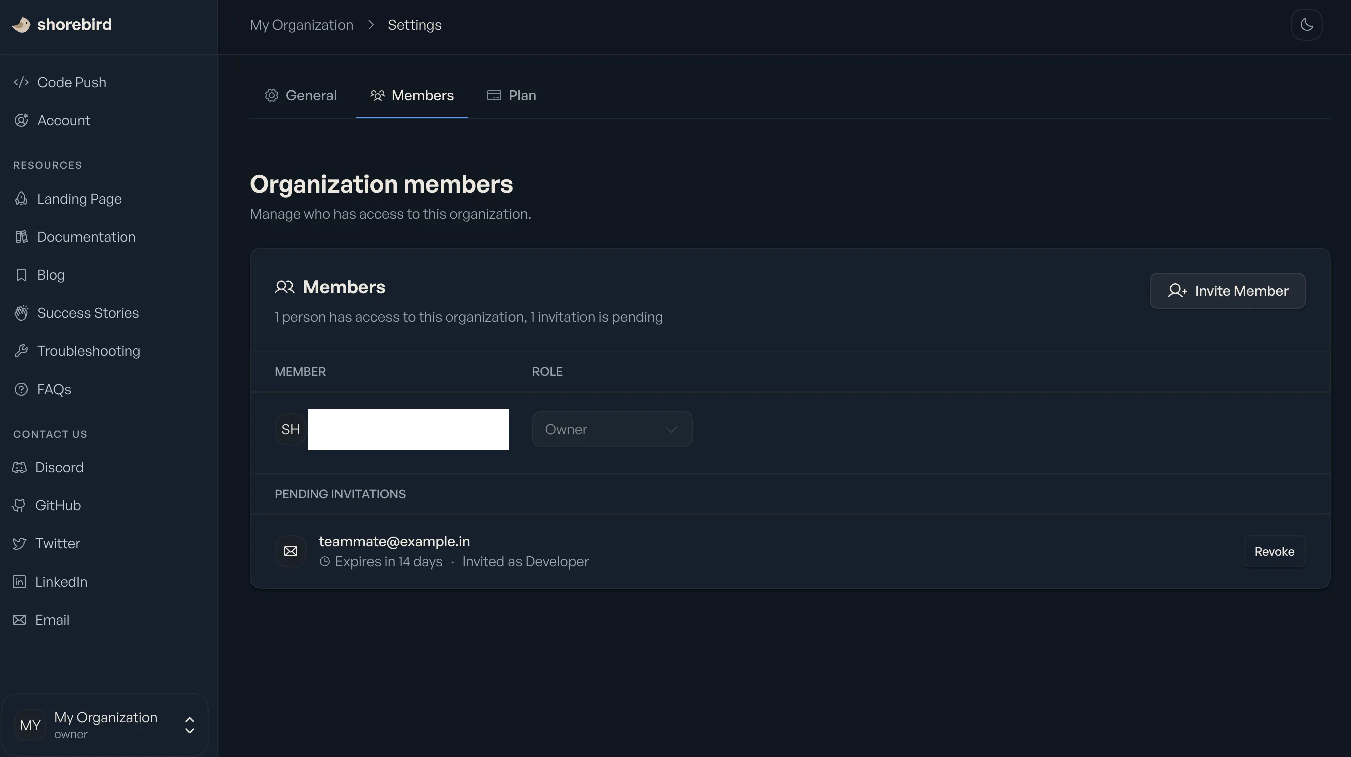 Screenshot of successfully adding a member to an Organization in the Shorebird Console