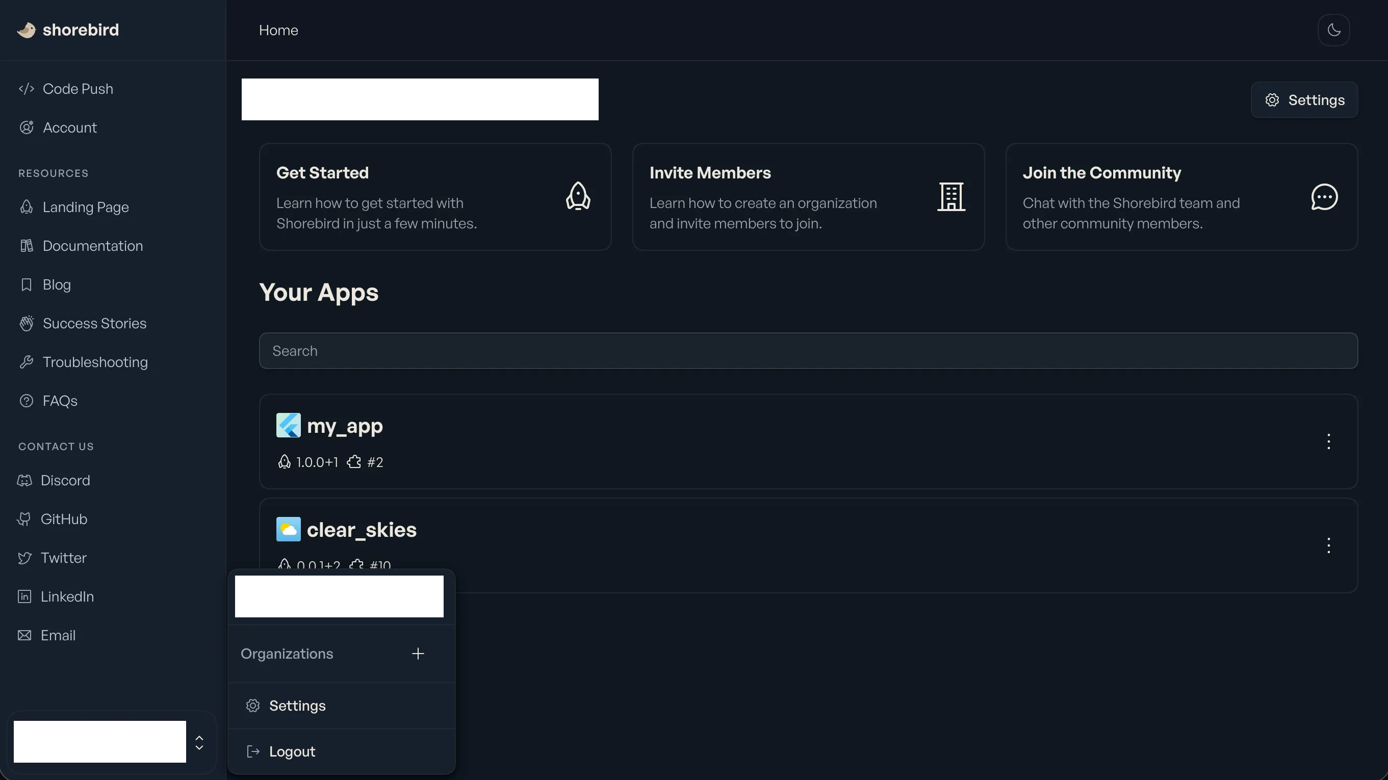 Screenshot of where to start the creation of an organization in the Shorebird Console