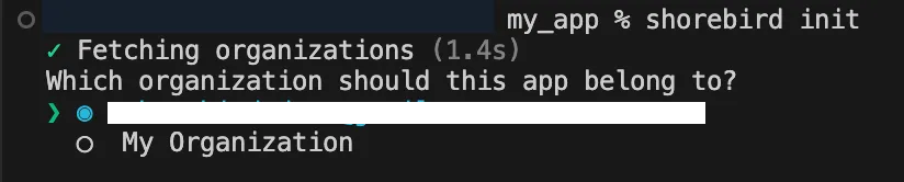 Screenshot of doing `shorebird init` command and selecting an organization