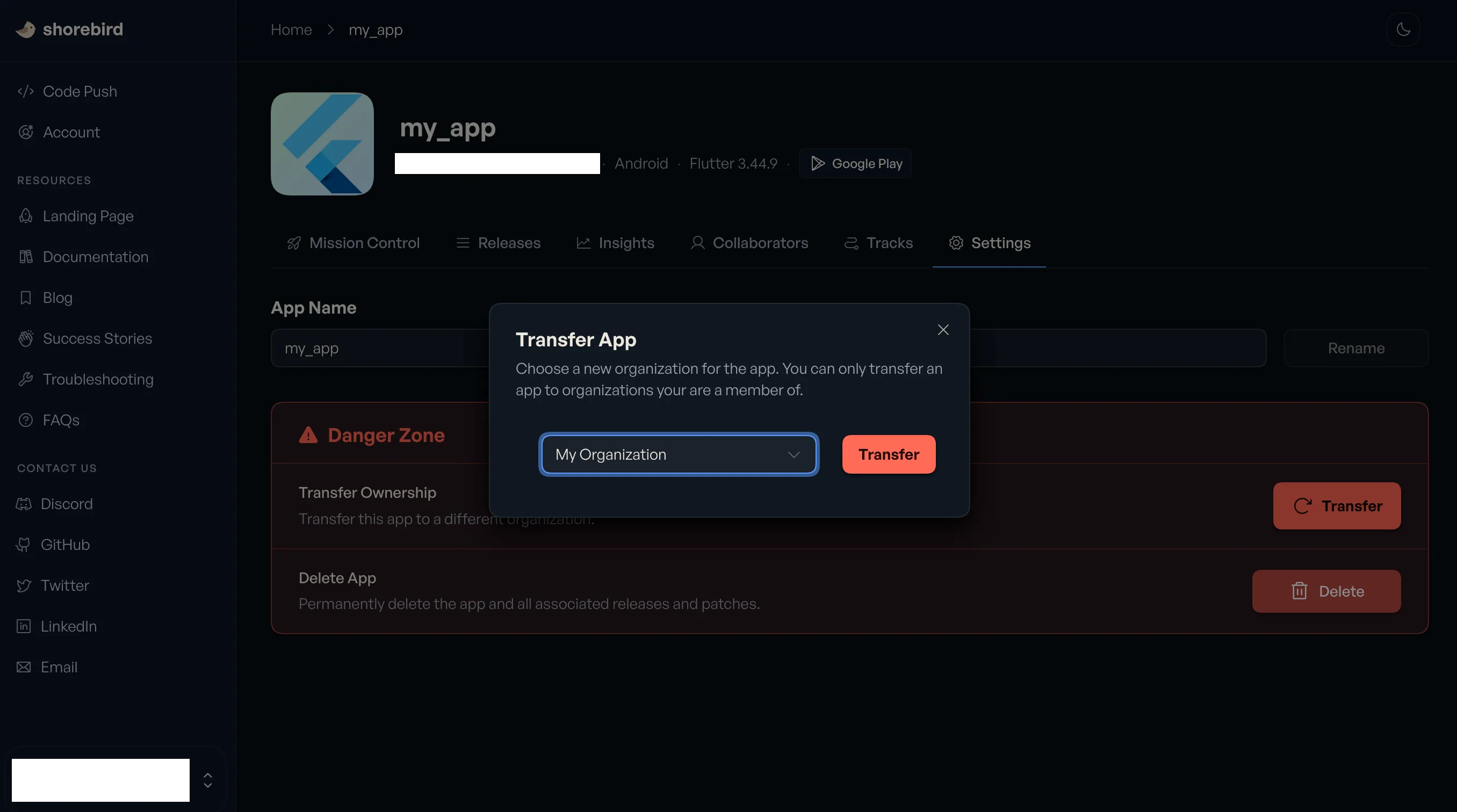 Screenshot of dialog for transferring app to a different org in the Shorebird Console